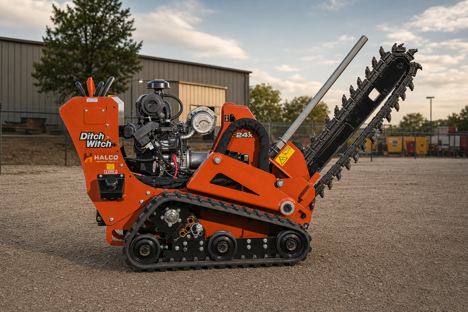 Orange Ditch Witch C24X tracked walk-behind trencher at an equipment yard